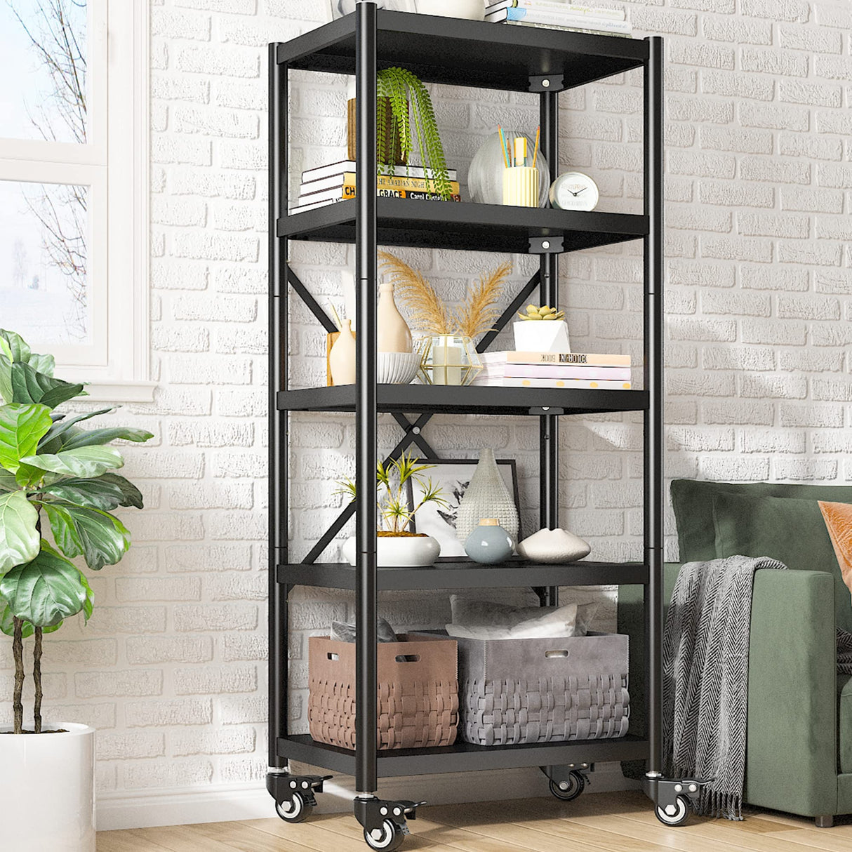 REIBII Storage Shelves for Storage Load 1160LBS,Adjustable Heavy Duty Metal Shelving Unit with Wheels 5-Tier Pantry Shelves Kitchen Shelf Garage REIBII