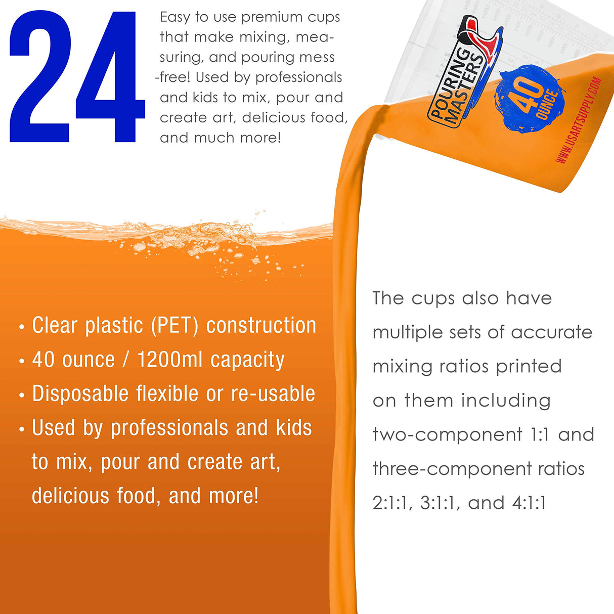Pouring Masters 40 Ounce (1200ml) Graduated Plastic Mixing Cups (Box of 24) - Use for Paint, Resin, Epoxy, Art, Kitchen, Cooking, Baking - Pouring Masters