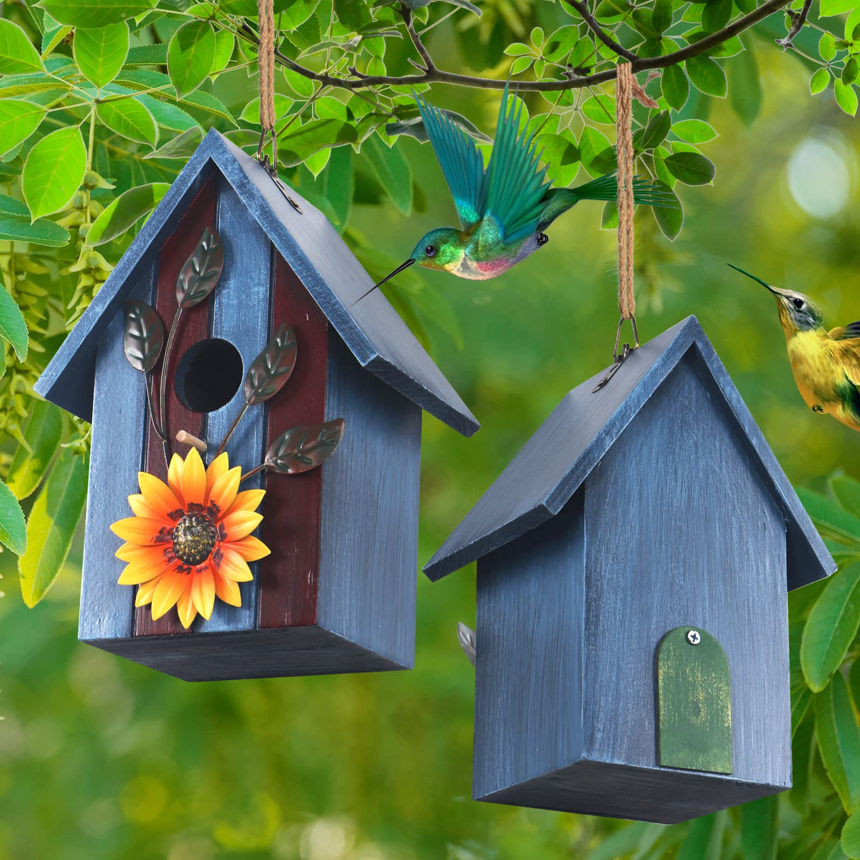 Birdhouse,Nesting Boxes for Birds, Rustic Wooden Flower Nesting Box for Birds for Outdoors, Hanging Bridal House for Garden Decoration, Blue LOTKEY