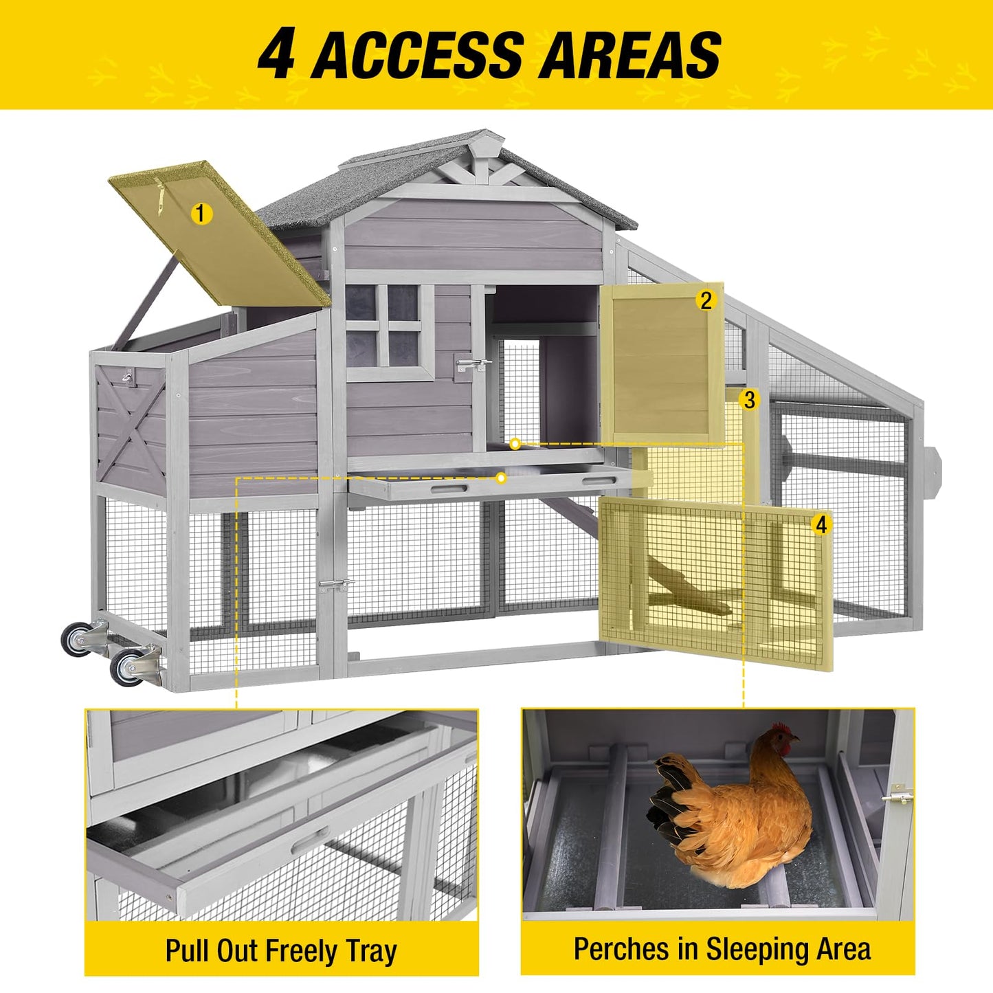 Chicken Coop Mobile Hen House with Large Nesting Box 73" Expandable Outdoor Wooden Poultry Cage with Wheels, Nesting Box, Leakproof Pull-on Tray and - WoodArtSupply