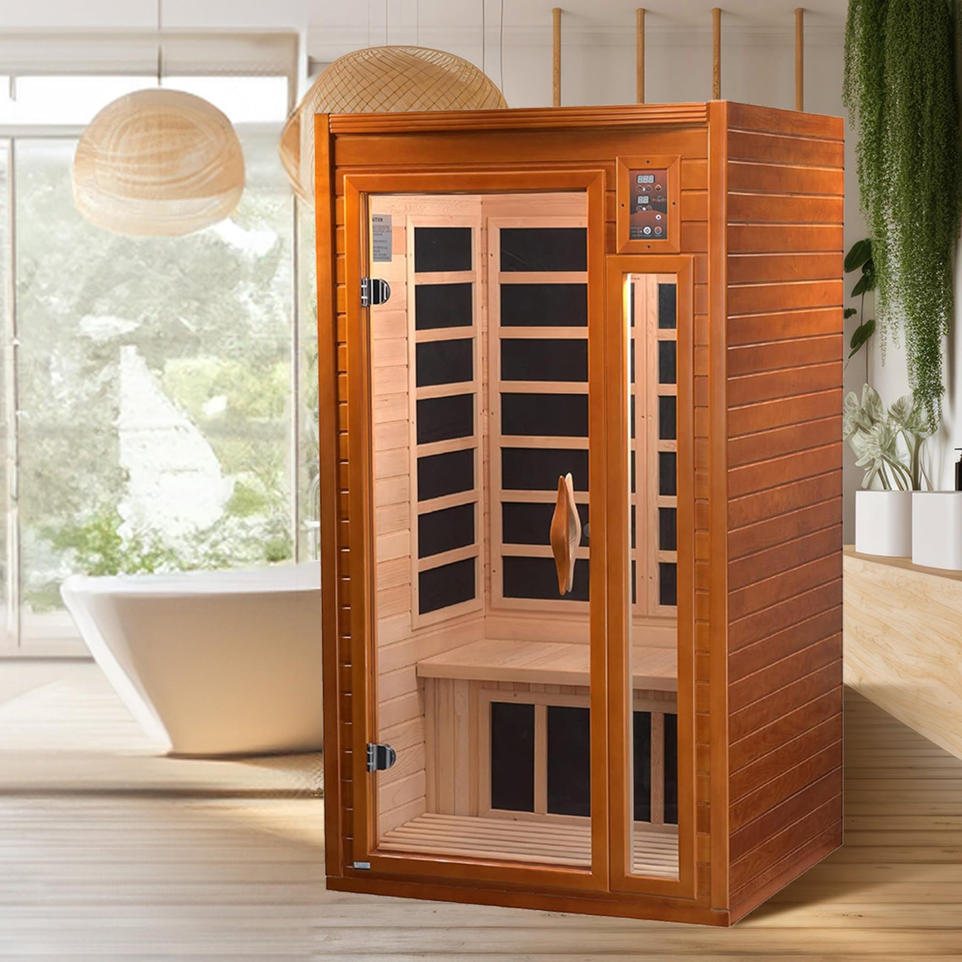 Dynamic Barcelona 1 to 2 Person Hemlock Wood Low EMF FAR Infrared Sauna For Home with LED Control Panel and Tempered Glass Door - Curbside Delivery - WoodArtSupply