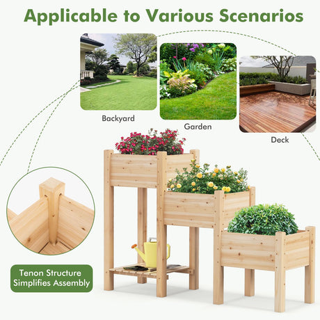 S AFSTAR 3-Tier Wooden Raised Garden Bed, Elevated Garden Planter with 3 Planter Boxes, Open Storage Shelf, Drainage Holes, Outdoor Vertical Plant S AFSTAR