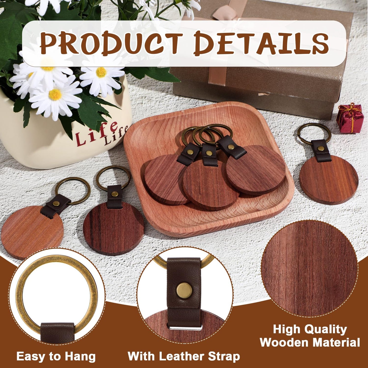 Ecally 36 Pcs Wooden Keychain Blanks Leather Strap Wood Keychain Blanks Round Wood Keyring with for DIY Employee Coworker Gift Craft Ecally