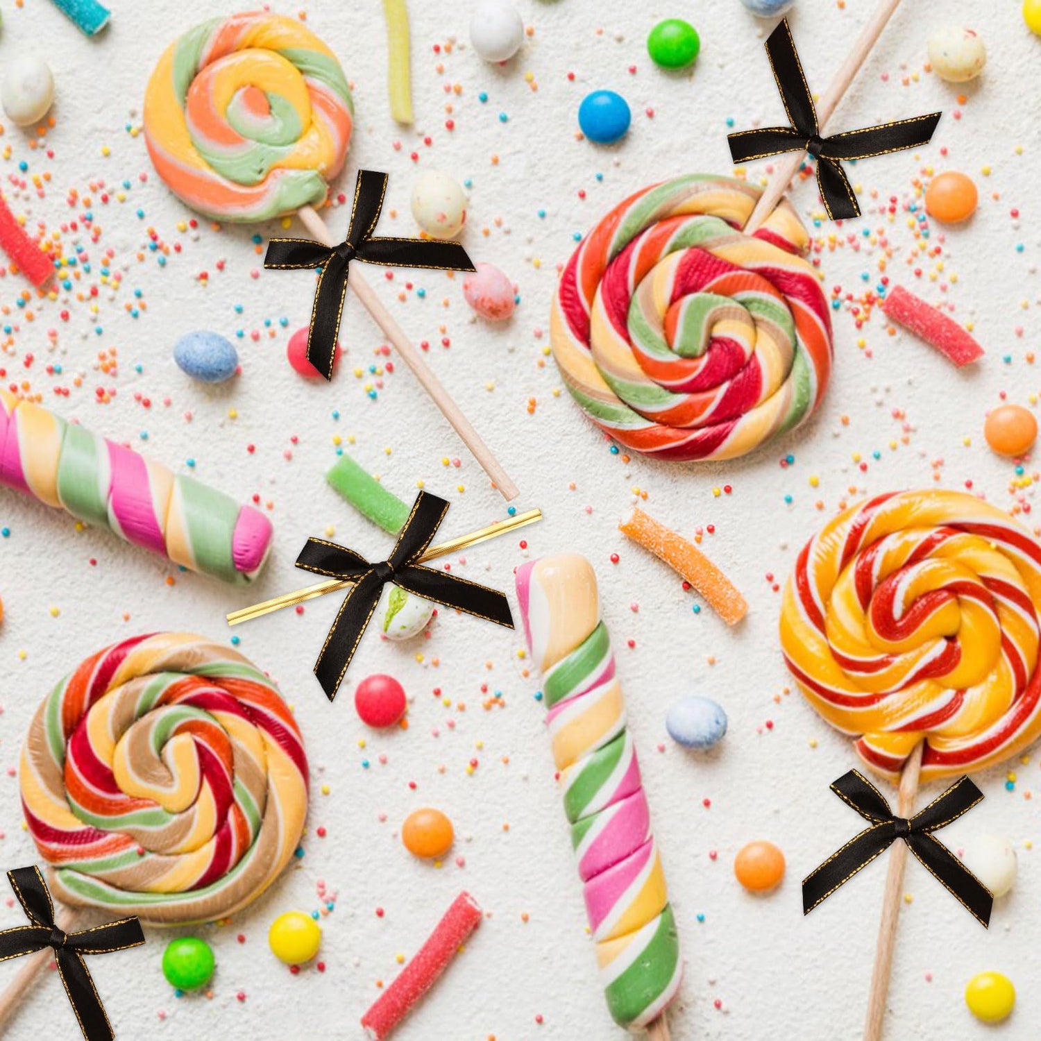 WANDIC Black Small Bows, 200Pcs Satin Twist Tie Bows with Golden Lace Christmas Halloween Mini Bow Pretied Bows for Gift Package Craft Candy Cookie WANDIC