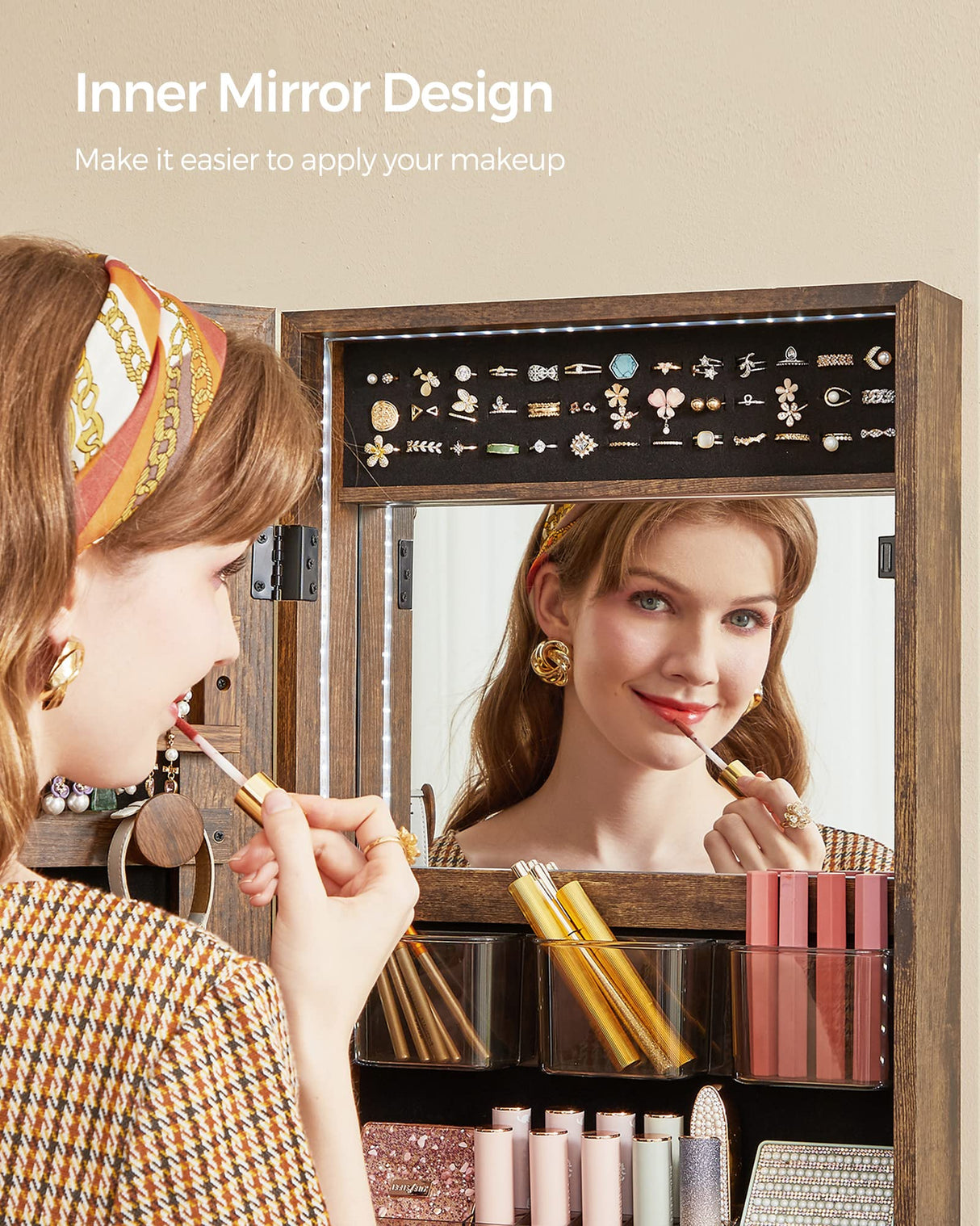 SONGMICS Mirror Jewelry Cabinet Armoire Organizer, Wall/Door Mount Storage Cabinet with Full-Length Frameless Lighted, Built-in Makeup Mirror, 2 SONGMICS