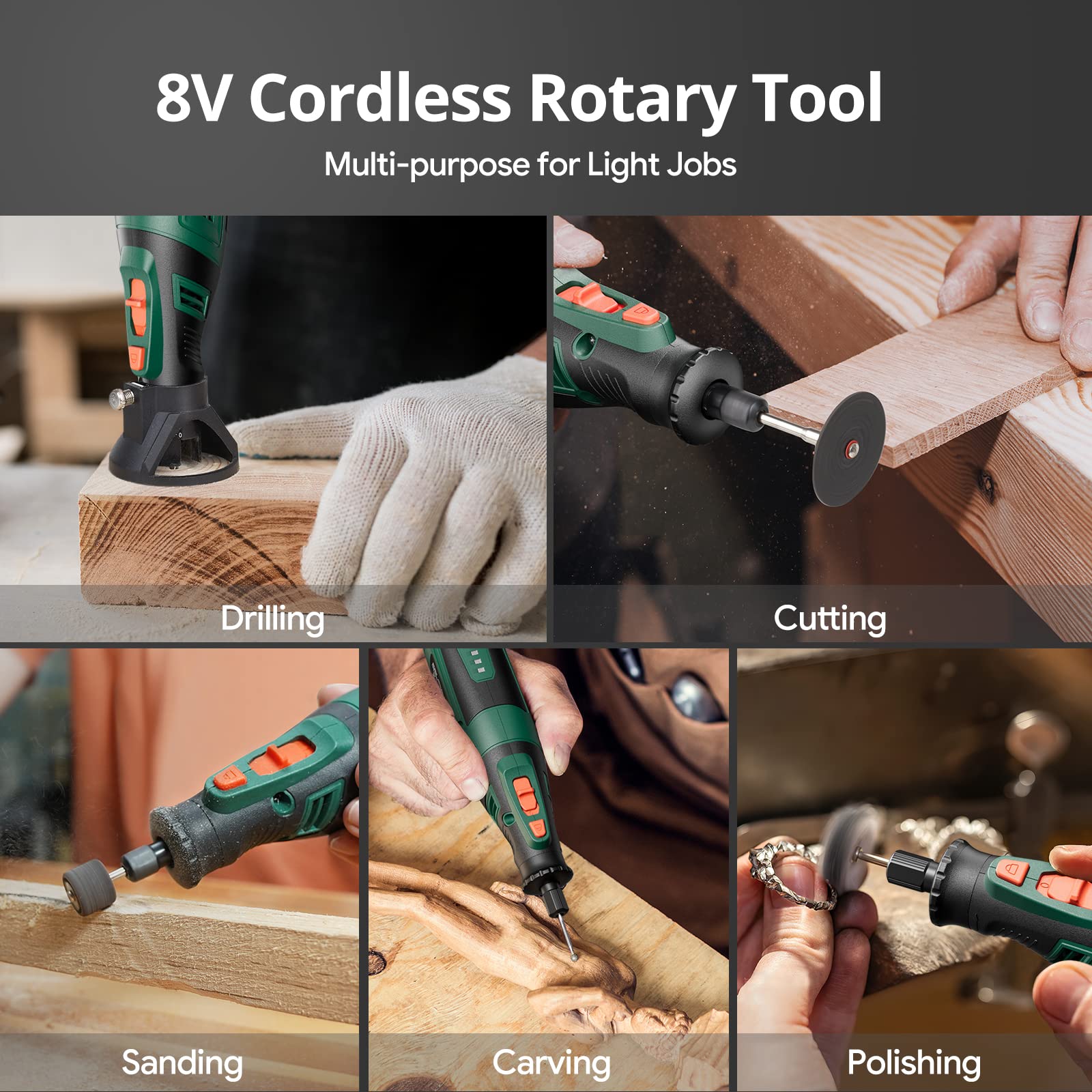 DEPSTECH Cordless Rotary Tool Kit, 8V 2.0Ah Rechargeable Battery, 30000RPM 5-Speed Multi Power Carving Tools, 127Pcs Accessories, Shield Attachment, - WoodArtSupply