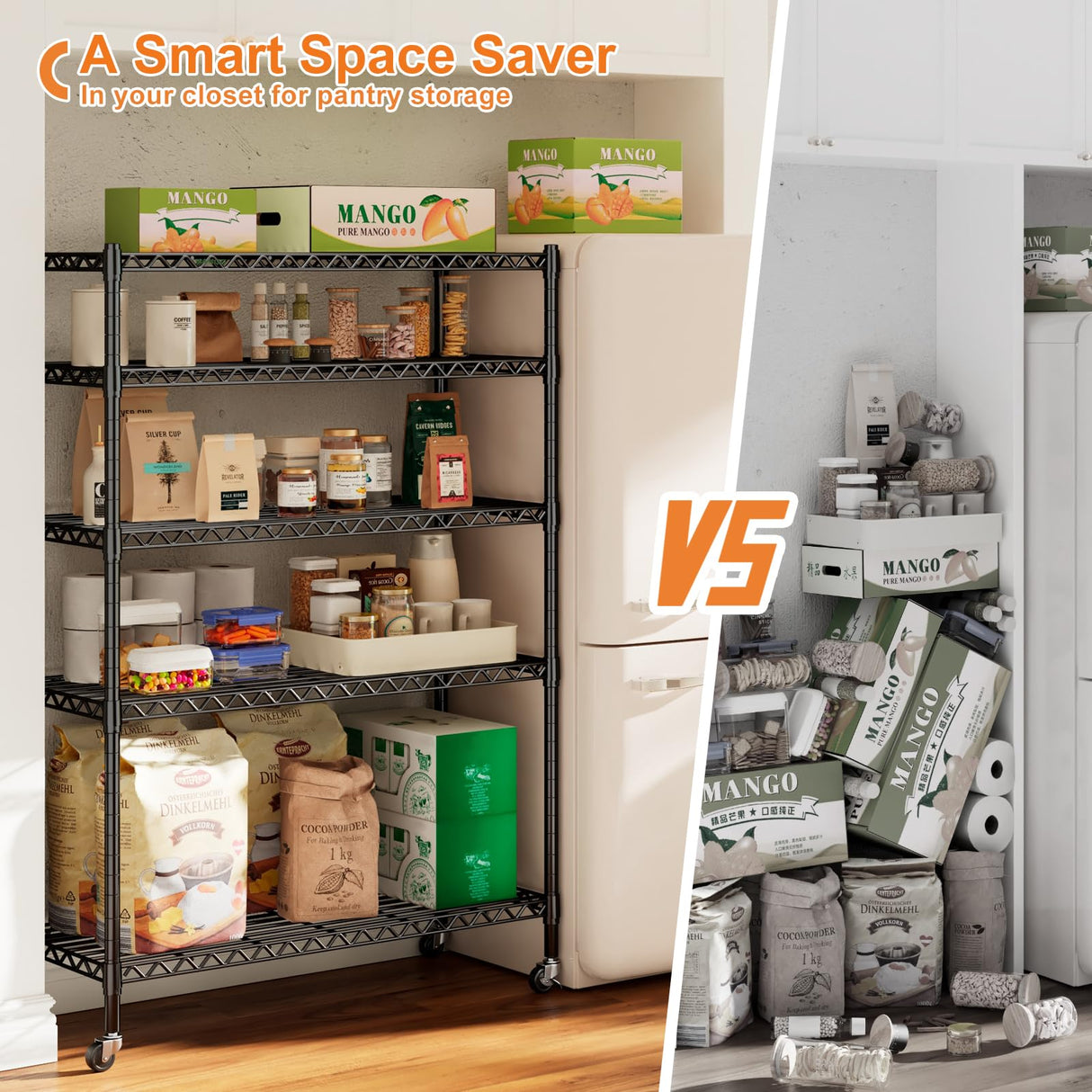 REIBII Wire Shelving Rack with Wheels Storage Shelves with Wheels 73.6" H Metal Shelving Unit Load 1750LBS Adjustable 5 Tier Metal Shelves for REIBII