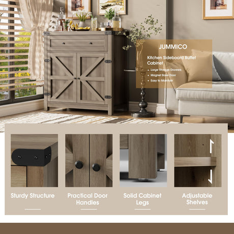 JUMMICO Coffee Bar Cabinet Farmhouse Kitchen Sideboard Buffet Cabinet with Drawer and Adjustable Shelf Barn Door Storage Cabinet for Kitchen, Dining JUMMICO