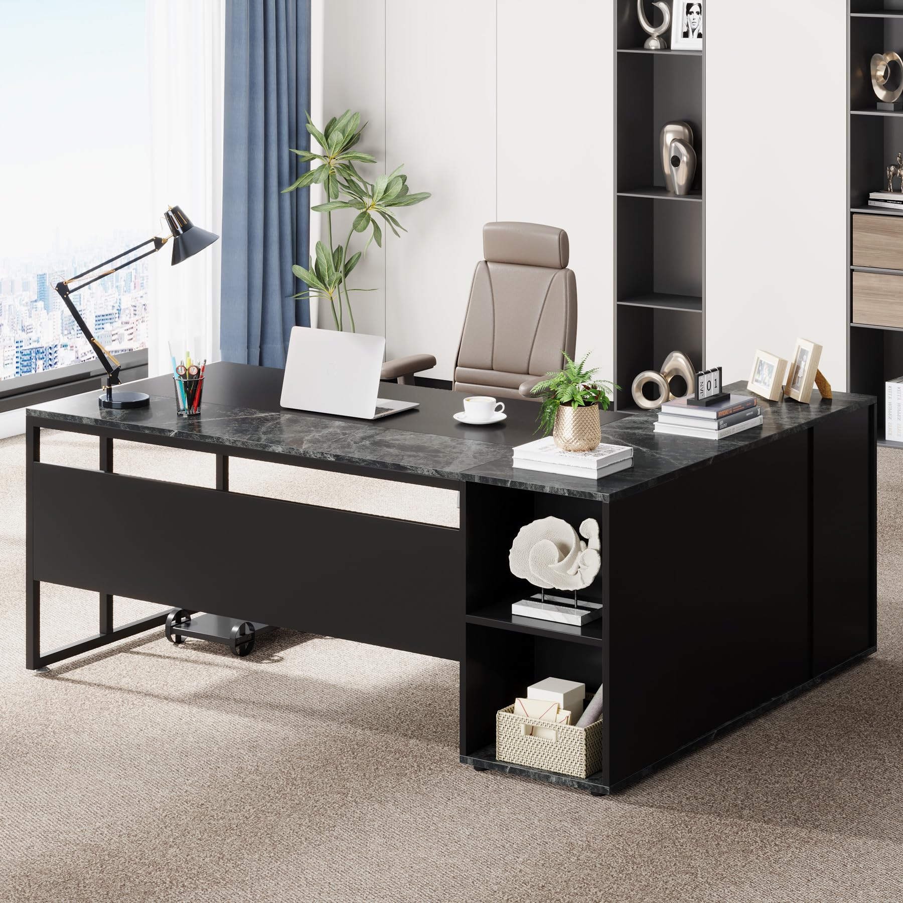 Tribesigns 71 inch Executive Desk, L Shaped Desk with Cabinet Storage, Executive Office Desk with Shelves, Business Furniture Desk Workstation for - WoodArtSupply