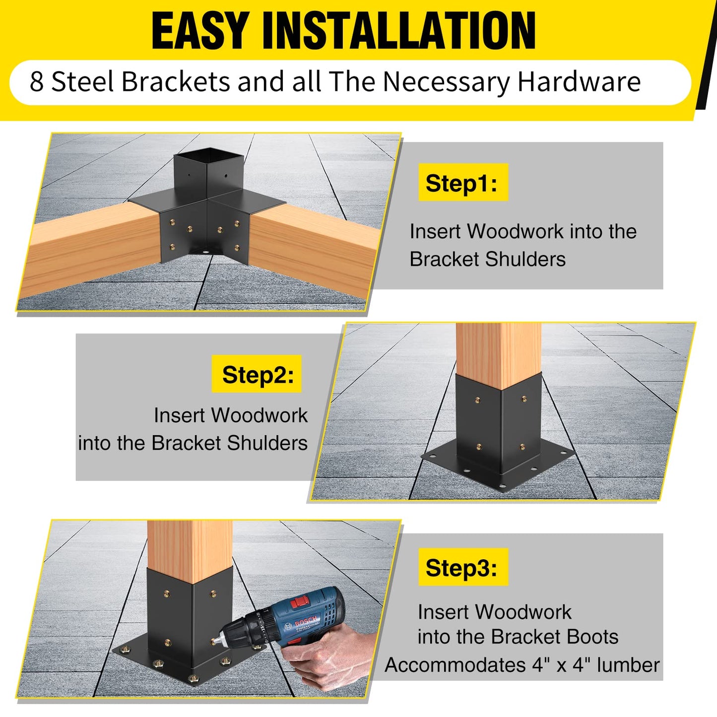 pergola Brackets 6x6 Woodworks Pergola kit Modular Modern Outdoor Pergola Hardware Kit DIY Elevated Wood Stand kit Includes 4 Bracket Shoulders 4 - WoodArtSupply