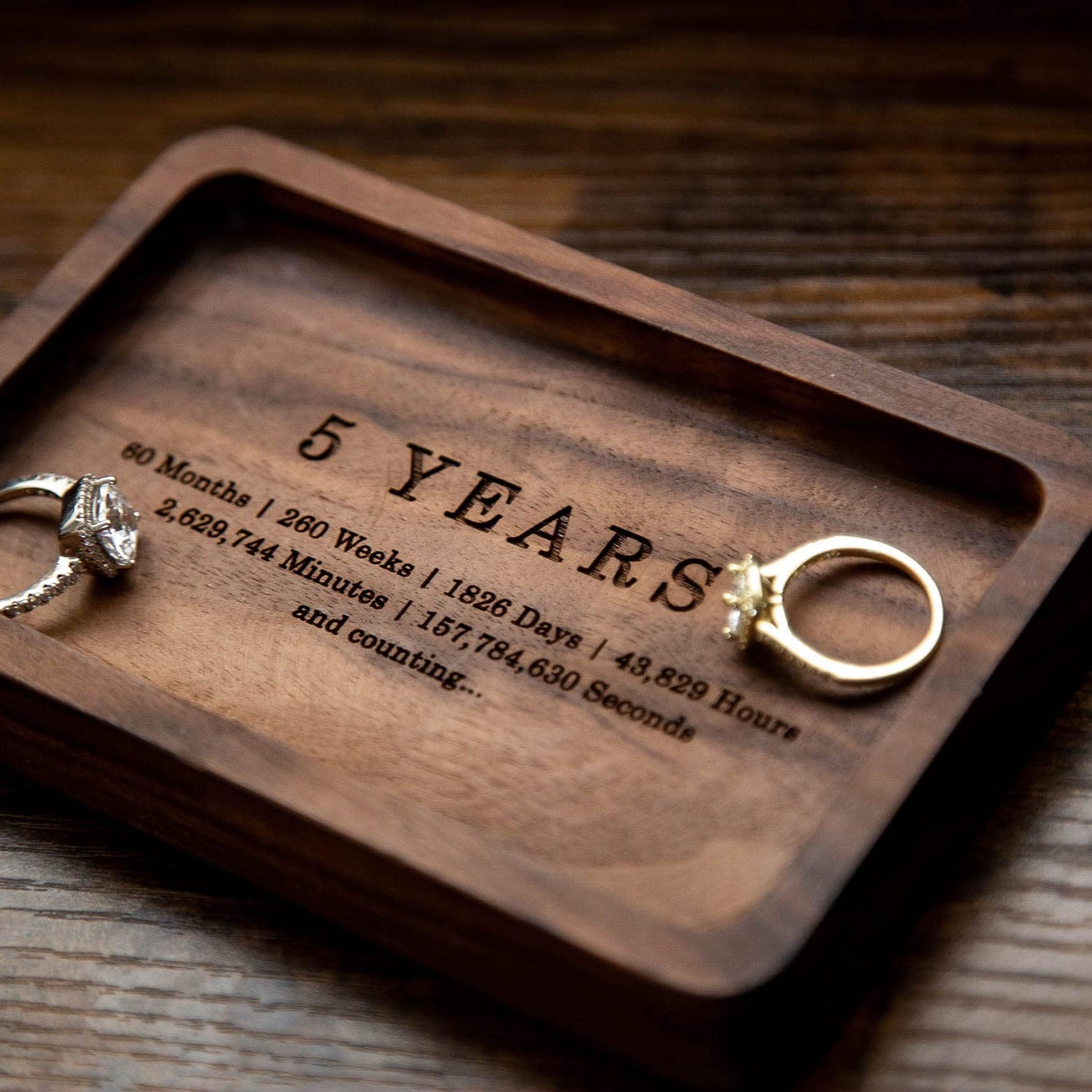 MUUJEE Ring Dish - Engraved Rectangle Wood Tray Small Jewelry Dish 5 Year Wedding Anniv Gifts Ideas - 5.5" x 3.5" (5 Years) MUUJEE