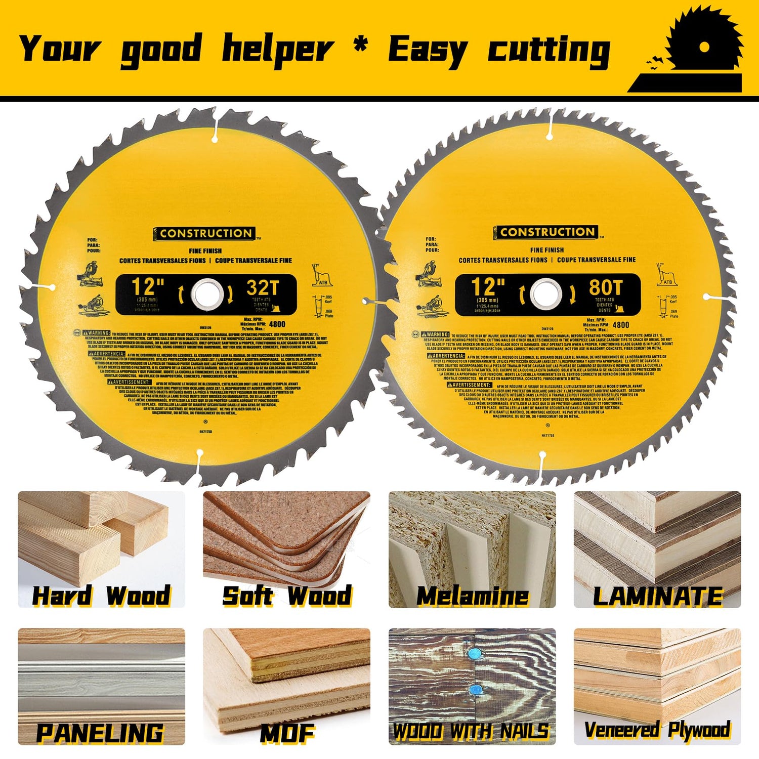 Upgraded DW3128P5 (2-Pack) 12in 80T&32T(dw3128/dw3123) Miter Saw Blade,Tungsten Carbide,Crosscutting,Compatible with DEWALT, for Miter Saws OEM home