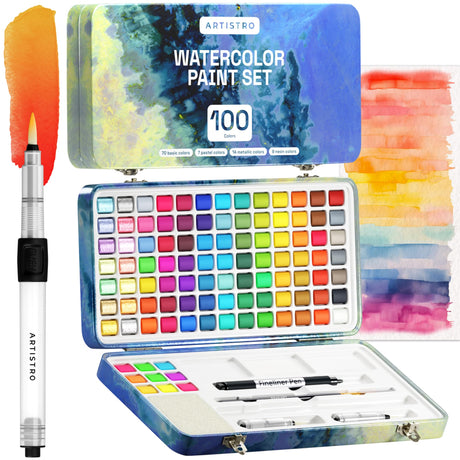 ARTISTRO Watercolor Paint Set, 100 Vivid Colors in Portable Box, Including Metallic, Fluorescent, Pastel Colors. Perfect Travel Watercolor Set for ARTISTRO