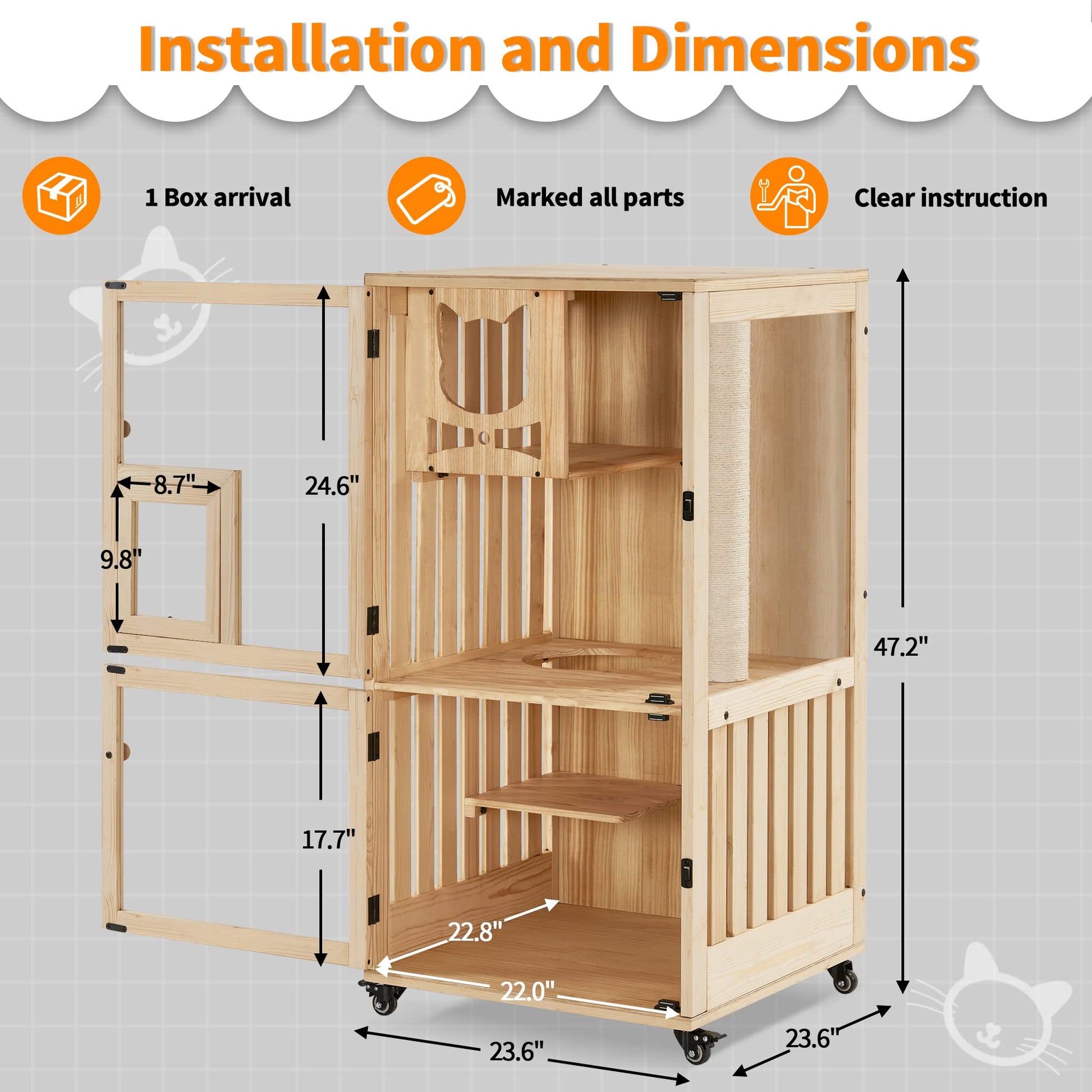 MCombo Luxury Wooden Cat House with Scratching Post, Wood Cat Enclosures Indoor with Wheels, Multi-Feature Cat Cage Villa with Escape Door, Enclosed - WoodArtSupply