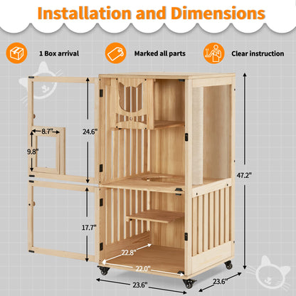 MCombo Luxury Wooden Cat House with Scratching Post, Wood Cat Enclosures Indoor with Wheels, Multi-Feature Cat Cage Villa with Escape Door, Enclosed - WoodArtSupply