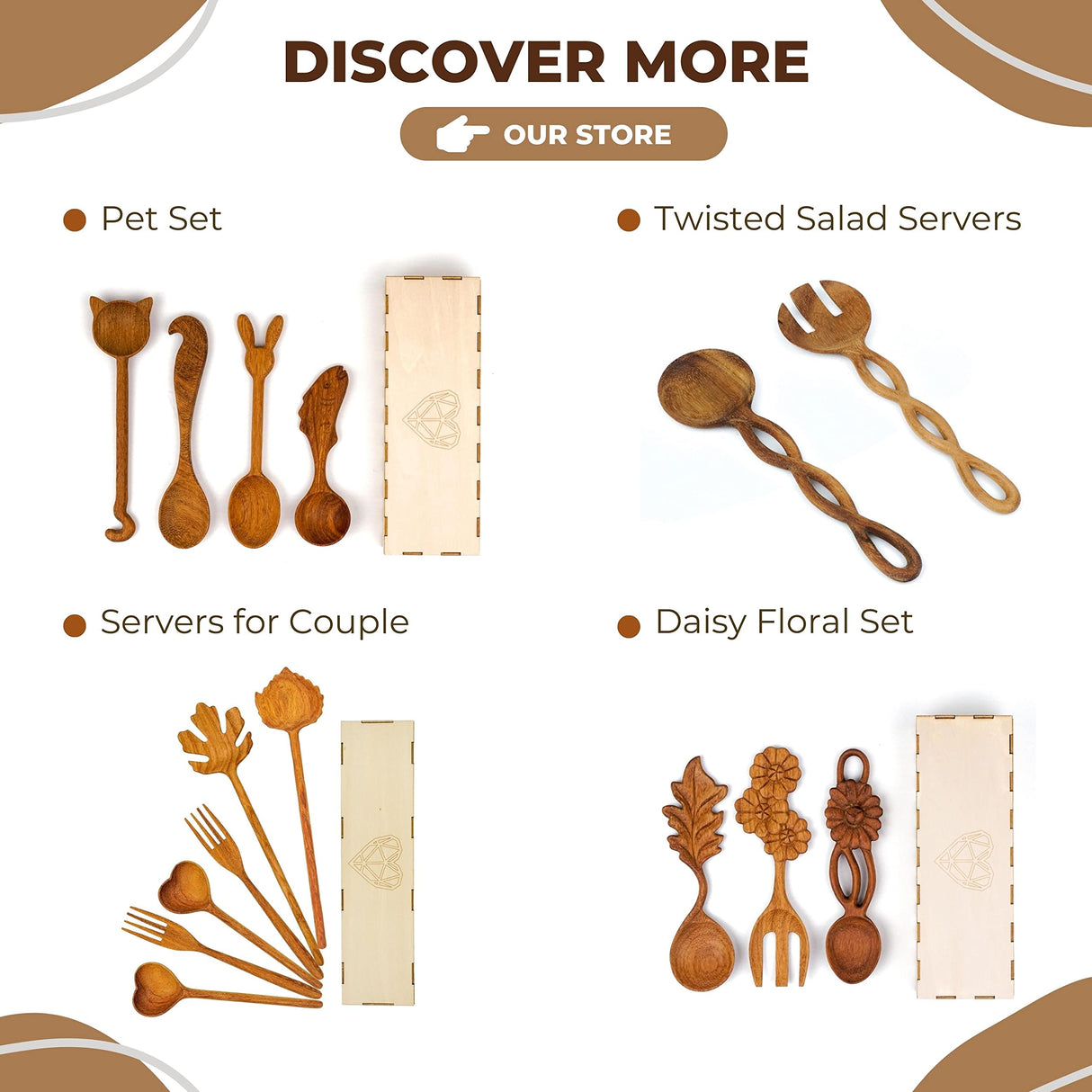 JABIHOME 4 Wooden Spoons and Forks Set, Hostess Gifts for Women, Mens Easter Gifts, Cooking Gifts for Women, Easter Gifts for Mom, Engagement Gifts Jabihome