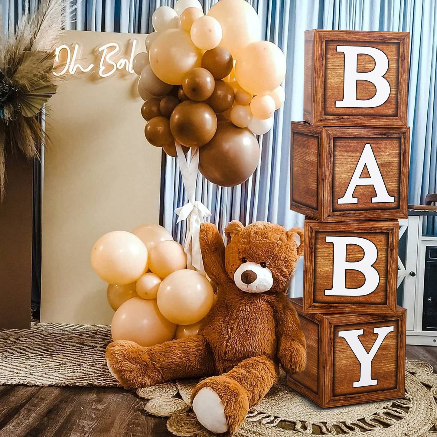 Baby Shower Boxes for Birthday Party Decorations - 4 Wood Grain Brown Blocks with BABY Letter, Printed Letters,First Birthday Centerpiece Decor, - WoodArtSupply