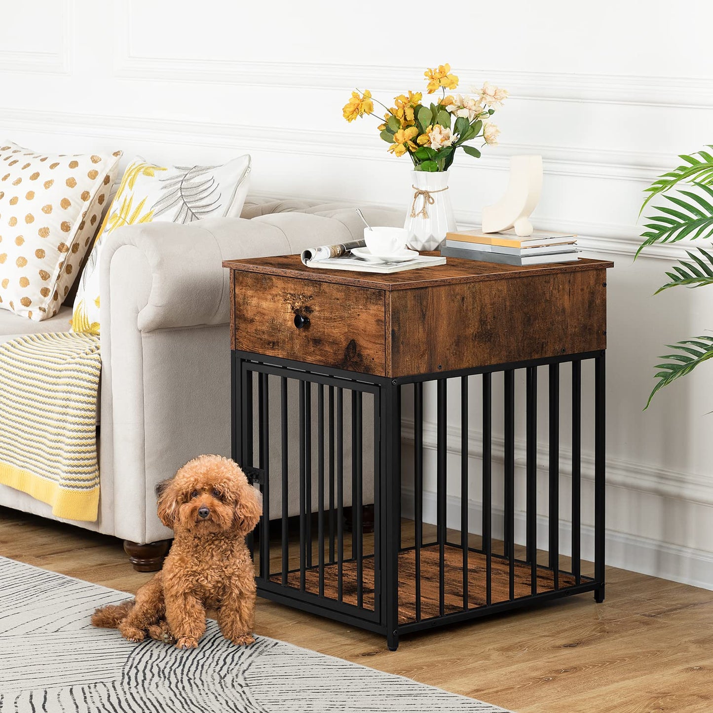 HOOBRO Dog Crate Furniture, Wooden Dog House, Decorative Dog Kennel with Drawer, Indoor Pet Crate End Table for Small Dog, Steel-Tube Dog Cage, - WoodArtSupply