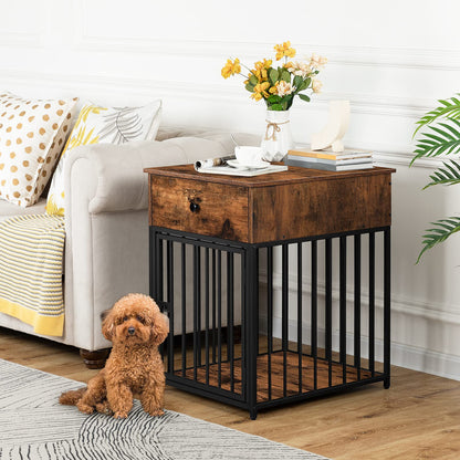 HOOBRO Dog Crate Furniture, Wooden Dog House, Decorative Dog Kennel with Drawer, Indoor Pet Crate End Table for Small Dog, Steel-Tube Dog Cage, - WoodArtSupply