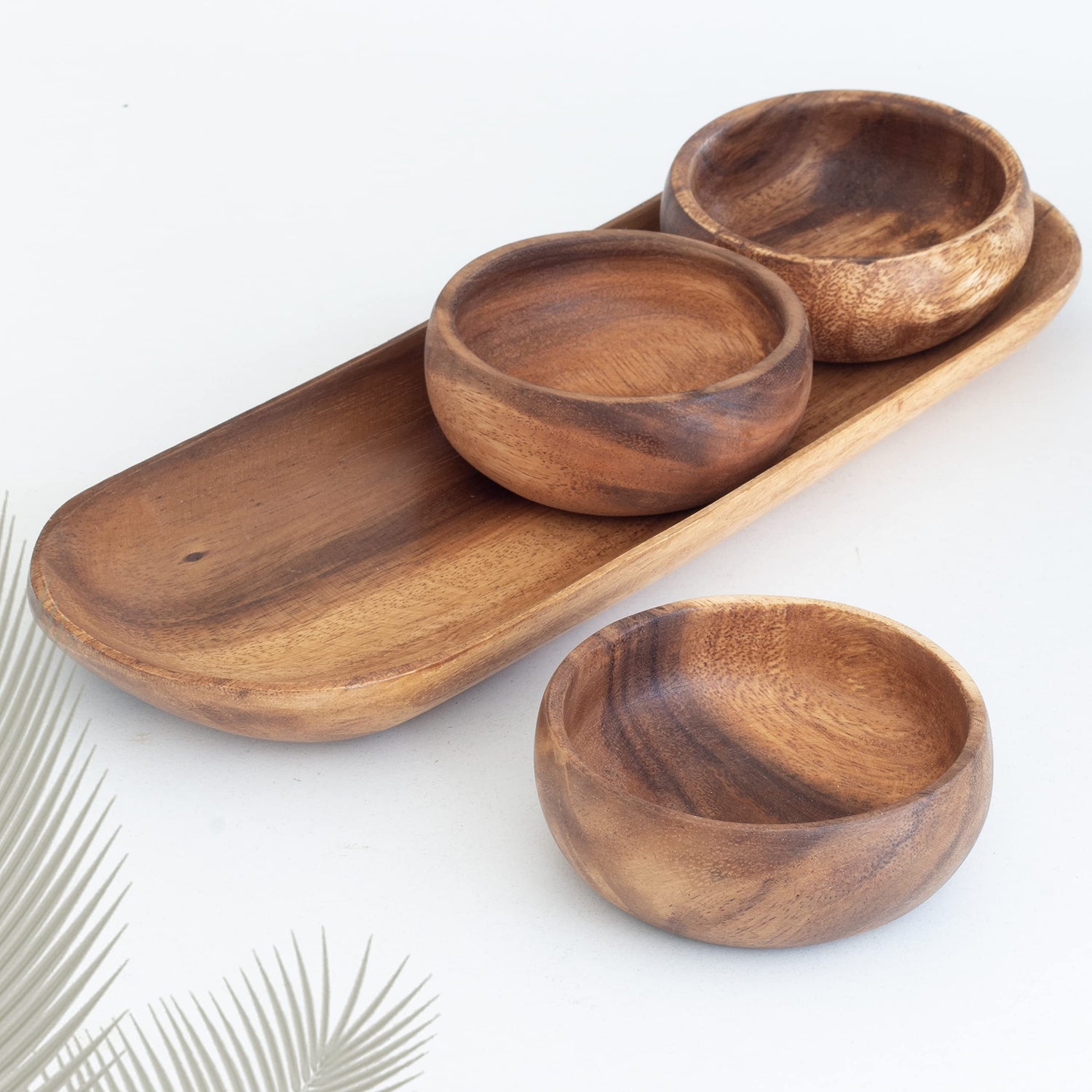 cintika Hand-Carved Set of 4 Acacia Calabash Bowls with Baguette Tray. Durable Wooden Bowl Set. Snack, nut, dip bowl. - Wooden Dinnerware set. 4" cintika