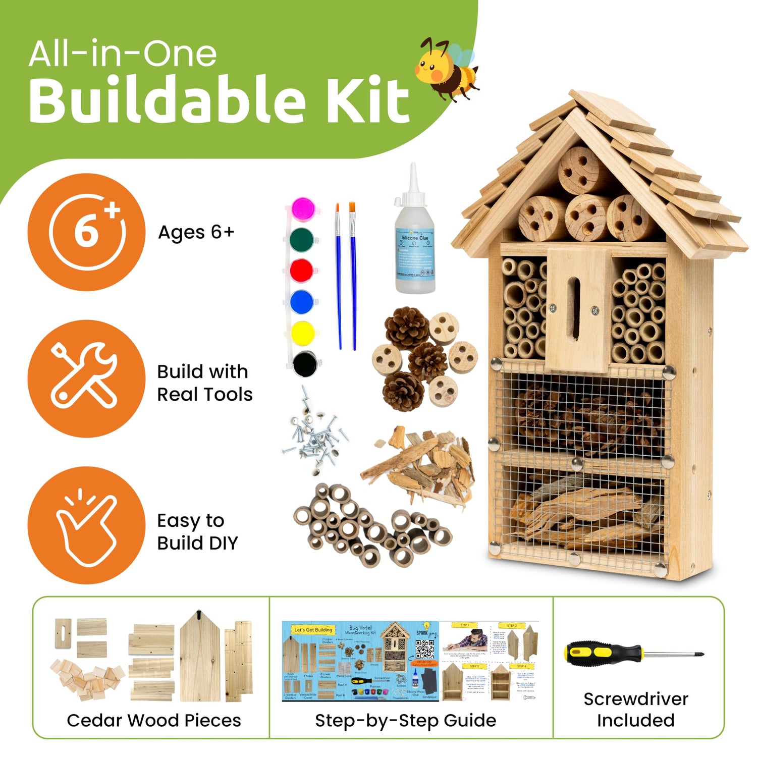SparkJump Premium Bug Hotel Kit - DIY Solid Cedar Wood Craft Kit for Building Your Own Bee Hotel, Lady Bug House, or Mason Bee House - Educational SparkJump
