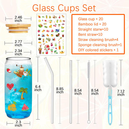 PeacePeo Glass Cups with Lids and Straws 20Pcs 16oz Ice Coffee Cup Skinny and Long Can Beer Cups Glass Set Drinking Glasses with Bamboo Lids Reusable - WoodArtSupply