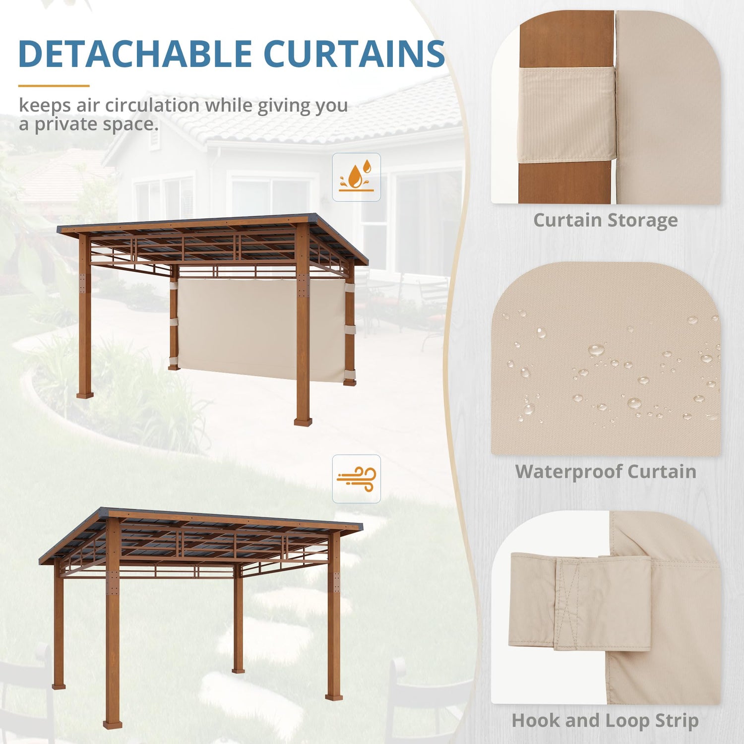 LUE BONA 12x14 Hardtop Gazebo, Outdoor Pergola Metal Roof Gazebo with Wooden Frame, Patio Gazebo Canopy with Curtains, Permanent Pavilion Grill LUE BONA