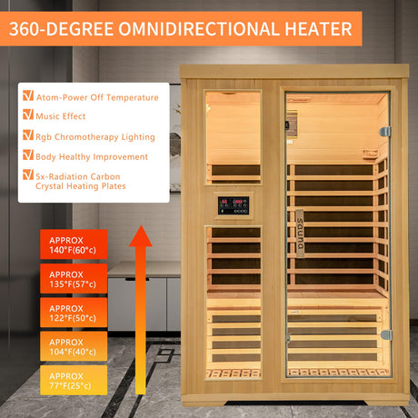 Zugoni 2 Person Far Infrared Indoor Sauna Room,1850w Carbon Canadian Hemlock Wooden Dry Sauna with Dual Control Panel and MP3 Controller, 8 Carbon Zugoni