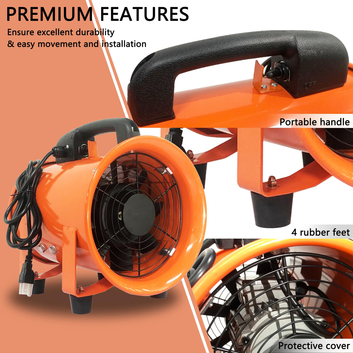 FICBXRA Utility Blower Fan 10 Inch Portable Axial Exhaust Fan 350W 1600CFM High Velocity Ventilator with 16FT Duct Hose for Exhausting & Ventilating FICBXRA