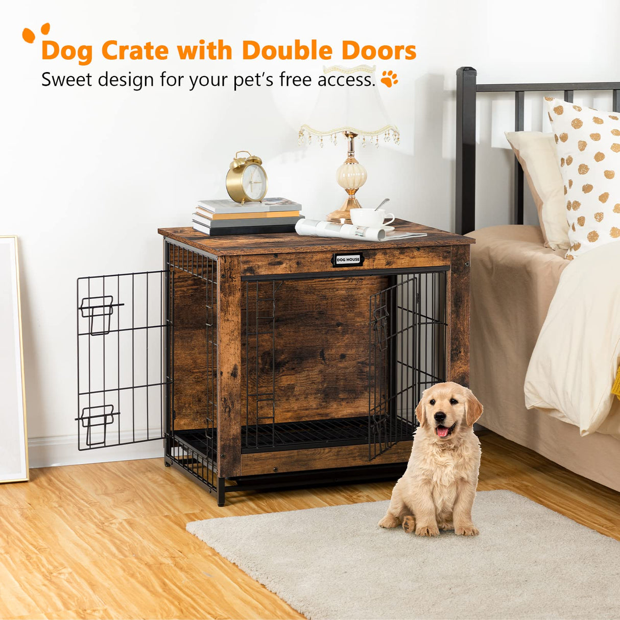 HOOBRO Dog Crate Furniture, Decorative Dog Kennel, Wooden Pet Furniture with Pull-Out Tray, Home and Indoor Use, Double Doors Modern Side End Table HOOBRO