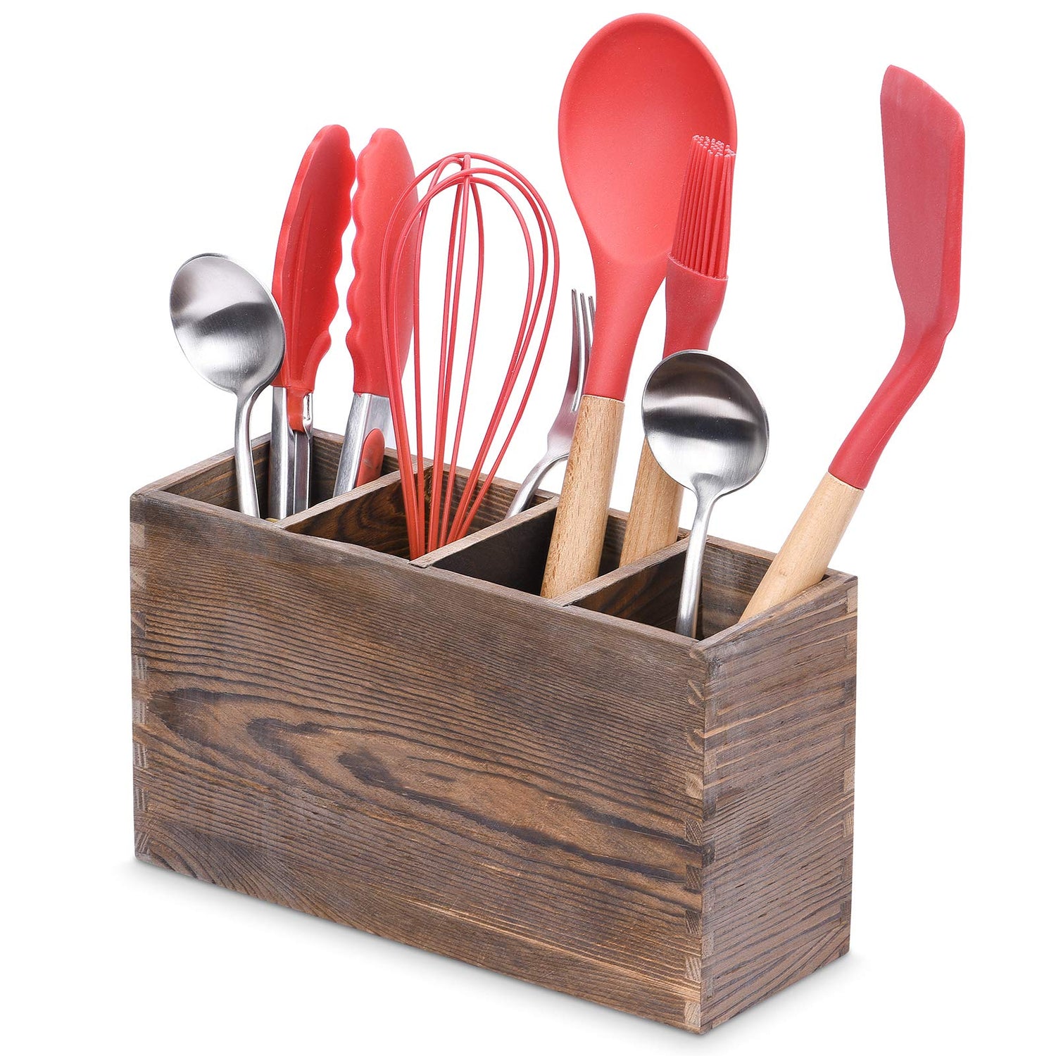 WuGeShop Rustic Utensil Caddy, 4 Adjustable Compartments Wooden Silverware Caddy, Upgraded Version kitchen Utensil Holders for Countertop WuGeShop