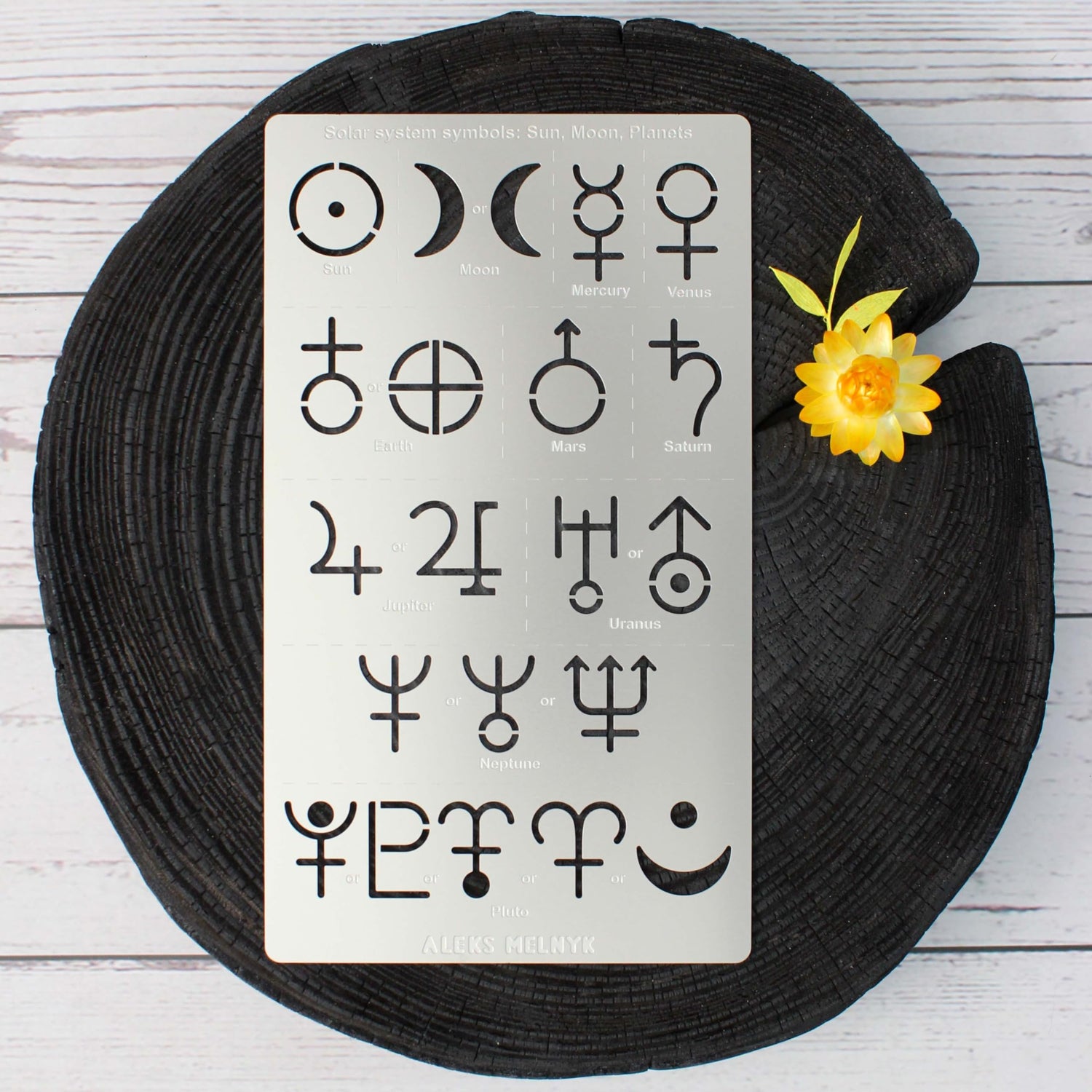 Aleks Melnyk No.413 Metal Stencil, Solar System Symbols, Sun, Moon, Planets, Small Stencil, 1 PC, Template for Wood Burning, Engraving, Crafting, Aleks Melnyk