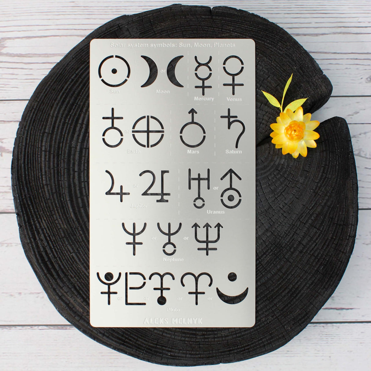 Aleks Melnyk No.413 Metal Stencil, Solar System Symbols, Sun, Moon, Planets, Small Stencil, 1 PC, Template for Wood Burning, Engraving, Crafting, Aleks Melnyk