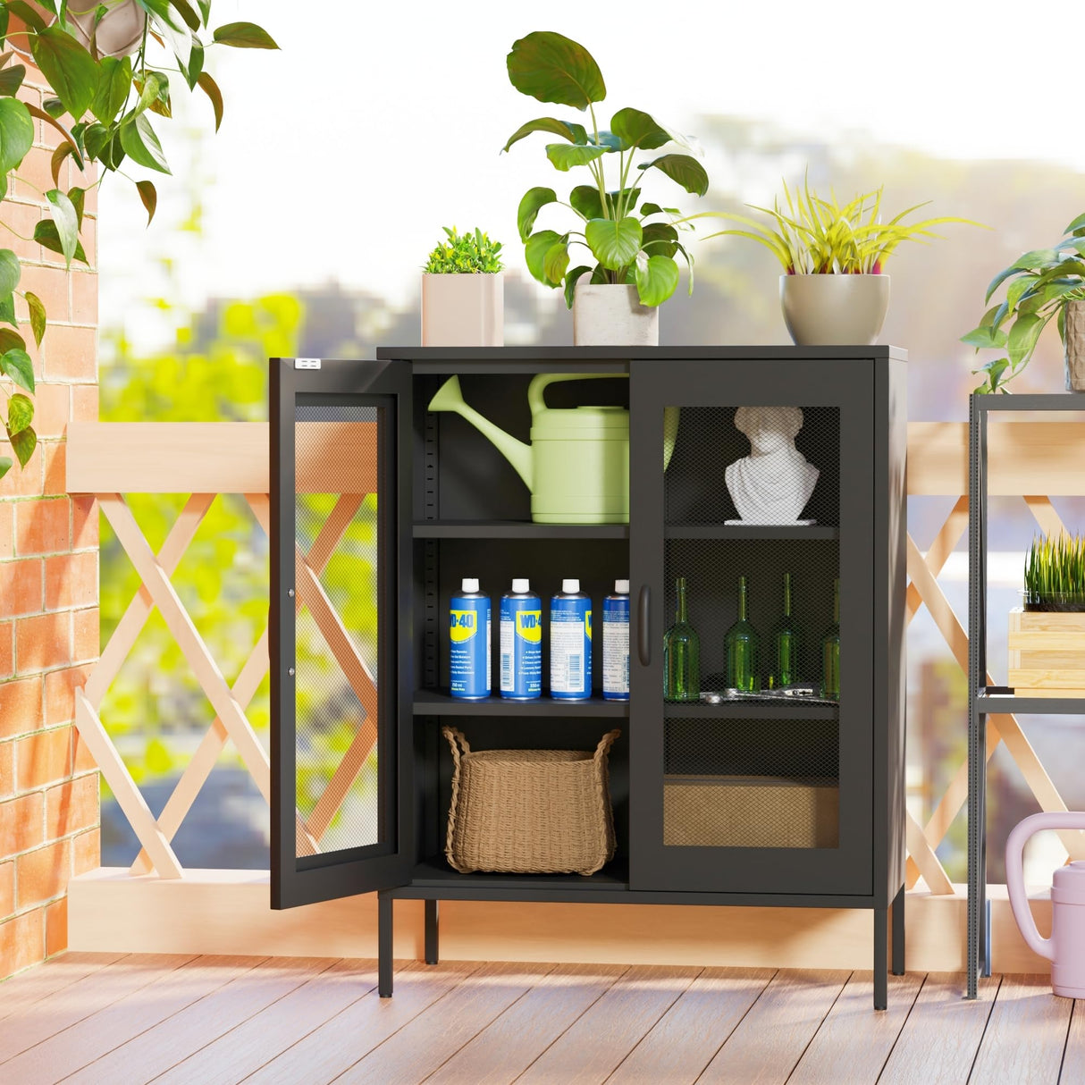 COFaR Black Metal Cabinet,Metal Locker Storage Cabinet with Mesh Doors and Shelves,3-Tier Office Cabinet,Metal Storage Cabinet,Liquor COFaR