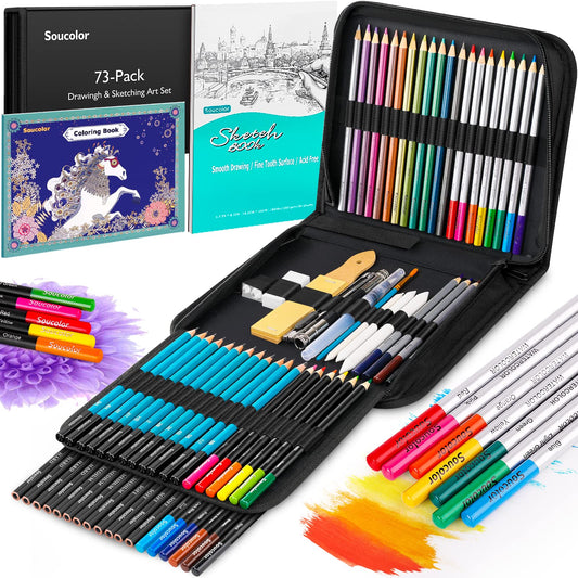 Soucolor 73 Art Supplies for Adults Kids, Art Kit Drawing Supplies Sketching Pencils Coloring Set with Sketchbook, Coloring Book, Charcoal Metallic