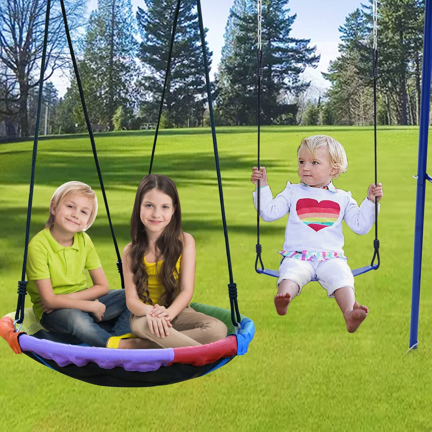 Swing Set for Backyard, 440lbs Swing Set with Heavy-Duty A-Frame Metal Outdoor Swing Stand, 1 Saucer Swing Seat & 1 Belt Swings Seat Lunafun