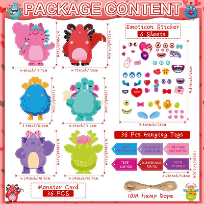 36 Packs Valentine's Day Monster Craft Ornaments Kit for Kids DIY Monster Paper Craft Make Your Own Ornament for Kids Hanging Kids Valentines Day