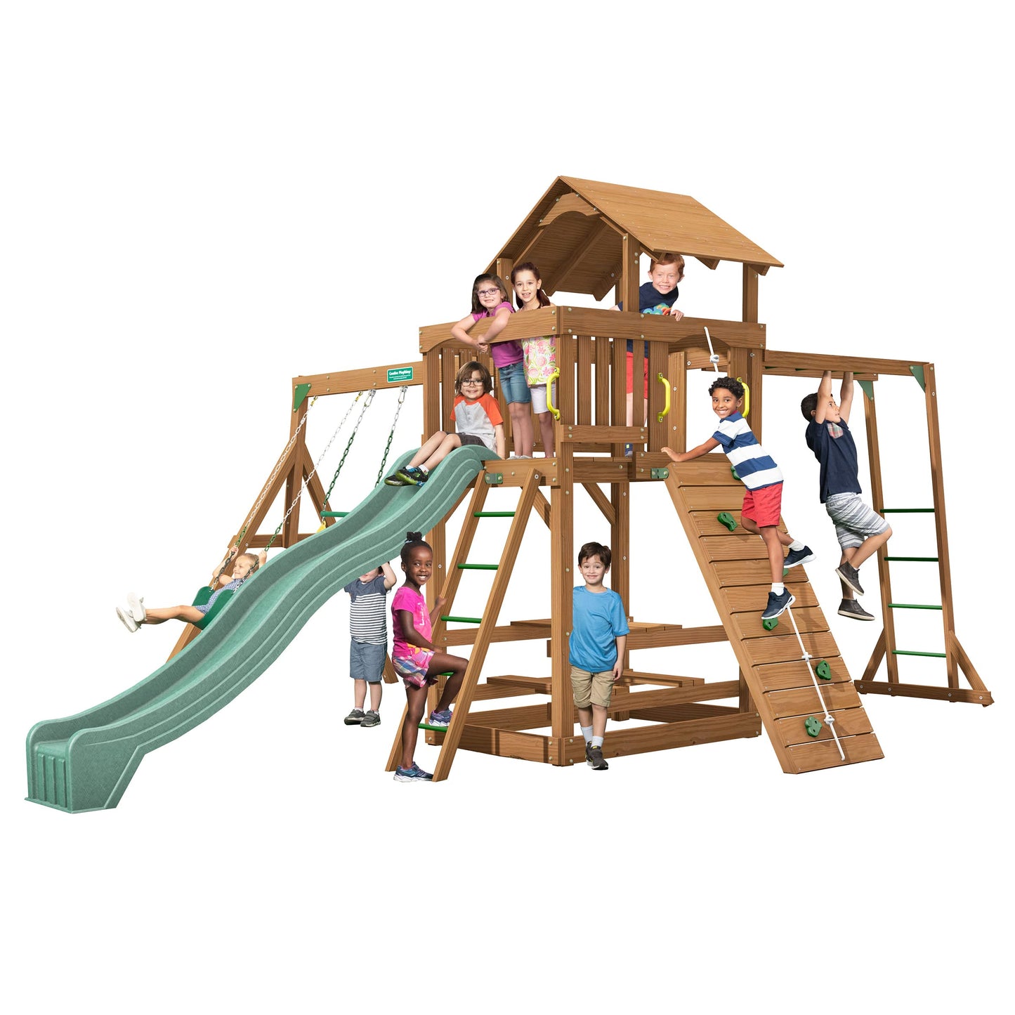 Creative Playthings Spring Hill Wooden Swing Set with Monkey Bars (Made in The USA), Includes Kids Climbing Wall, Monkey Bars, Playground Swings and