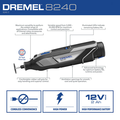 Dremel 8240 12V Cordless Rotary Tool Kit with Variable Speed and Comfort Grip - Includes 2AH Battery Pack, Charger, 5 Accessories & Wrench, Tool - WoodArtSupply