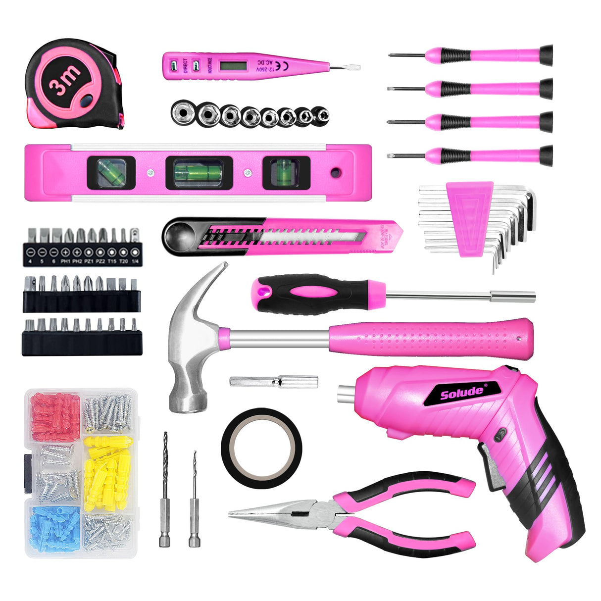 SOLUDE Pink Tool Set,130 Piece Women's Tool Kit for Home with 3.6V Cordless Rechargeable Screwdriver,Household Basic Toolkits for New SOLUDE