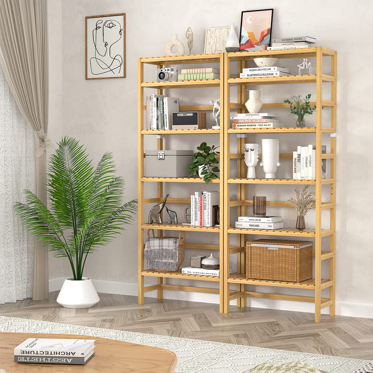 Homykic 6-Tier Bamboo Bookcase - Adjustable Free Standing Storage Shelf for Home and Office Homykic