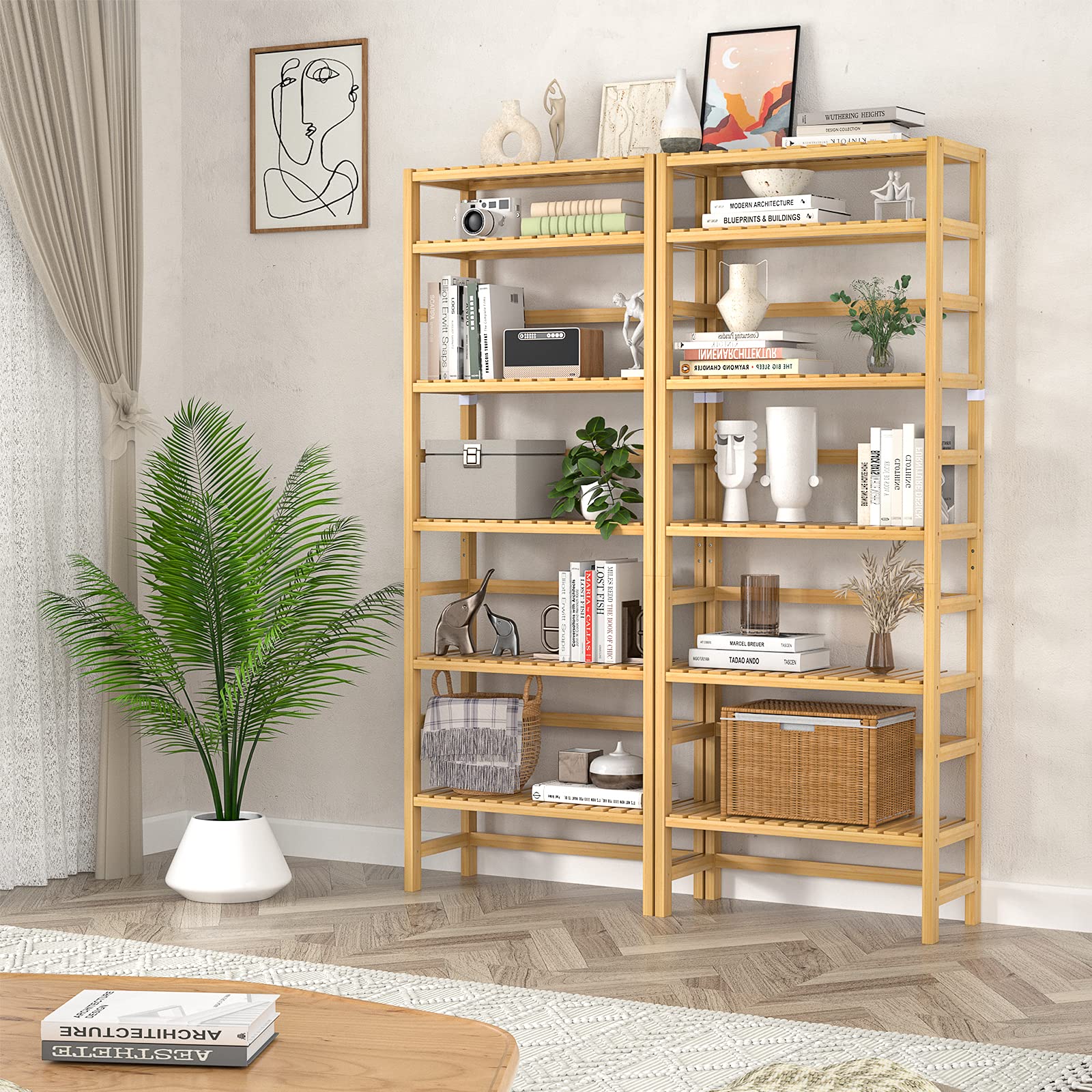 Homykic 6-Tier Bamboo Bookcase - Adjustable Free Standing Storage Shelf for Home and Office - WoodArtSupply