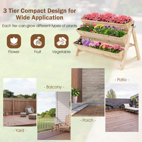 Giantex Raised Garden Bed, Vertical Planter with Storage Shelf, 3 Tier Elevated Planter Box with Side Hooks, Indoor Outdoor Wood Garden Bed for Giantex