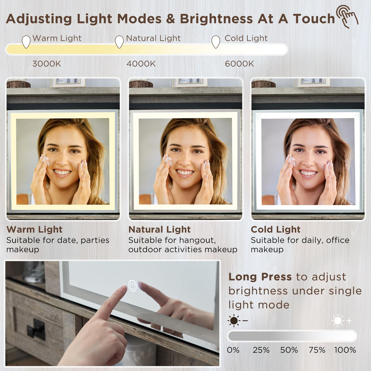 T4TREAM Farmhouse Makeup Vanity Desk with Sliding Mirror and Lights, 42'' Glass Tabletop Vanity Table with 2 Drawers & Shelves, Rustic Big Vanity Set T4TREAM