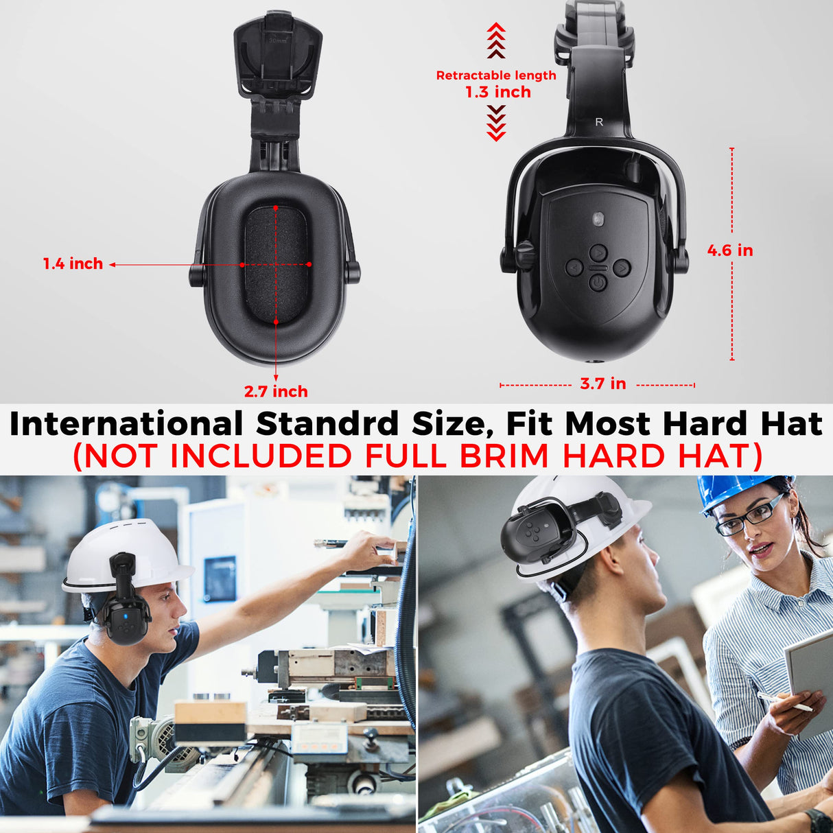 Bluetooth Hard Hat Ear Muffs, NRR 28dB Adjustable Cap-mounted Ear muff, Helmet Attachable Earmuff, Black BJKing