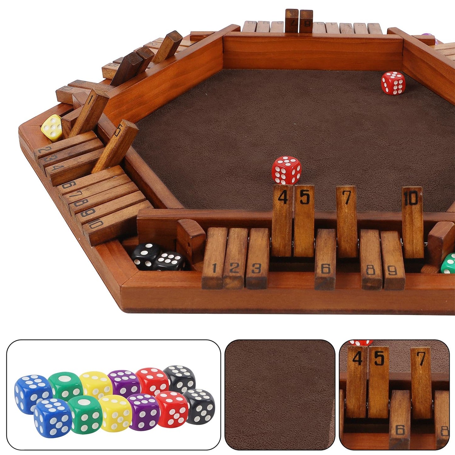 Juegoal Wooden Shut The Box Dice Game for 1-6 Players, Upgrade Tabletop Board Game with 12 Dice for Kids Adults Families, Classics Travel Portable