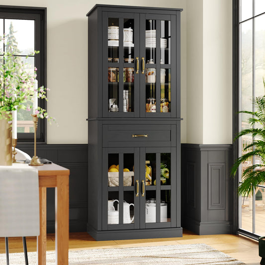 FOTOSOK 71'' Kitchen Pantry Cabinet, Tall Kitchen Cabinet Pantry Cabinet with Glass Doors and Drawer, Freestanding Food Pantry Kitchen Hunch with - WoodArtSupply