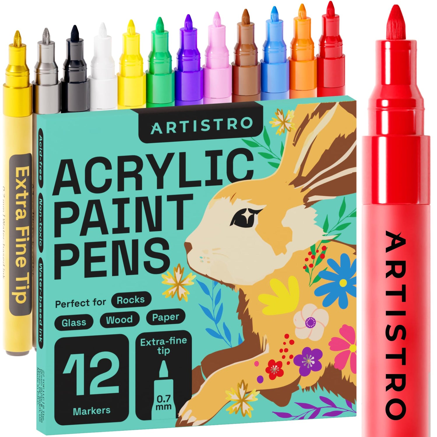 ARTISTRO Paint Pens for Rock Painting, Stone, Ceramic, Glass, Wood, Canvas. Set of 12 Acrylic Paint Markers Extra-fine Tip ARTISTRO