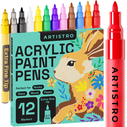 ARTISTRO Paint Pens for Rock Painting, Stone, Ceramic, Glass, Wood, Canvas. Set of 12 Acrylic Paint Markers Extra-fine Tip - WoodArtSupply