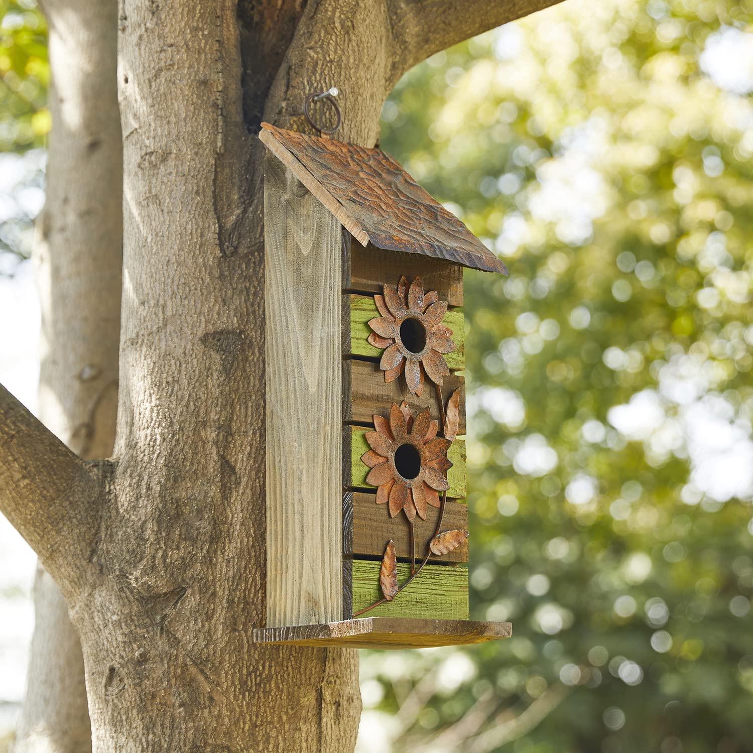 Glitzhome 14.5" H Wooden Garden Bird House Hanging Two-Tiered Distressed with Flowers Decorative Birdhouse glitzhome